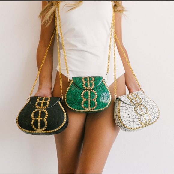 Ramla Designer Black & Gold Mosaic Chain Shoulder Bag - Picture 5 of 7